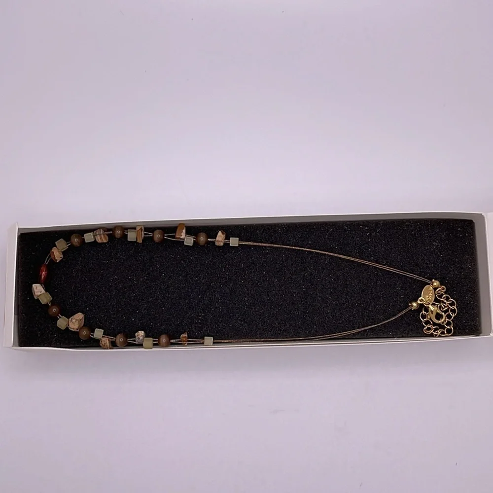 Lia Sophia NIB Jasper & Cats Eye Beaded Gold Tone Wire Necklace - Picture 5 of 7